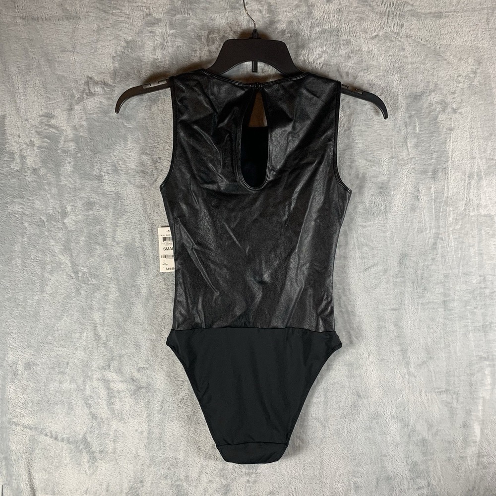 INC Women's Bodysuit Small Faux Leather Black Crew Neck Keyhole Back Rockabilly - Picture 2 of 8